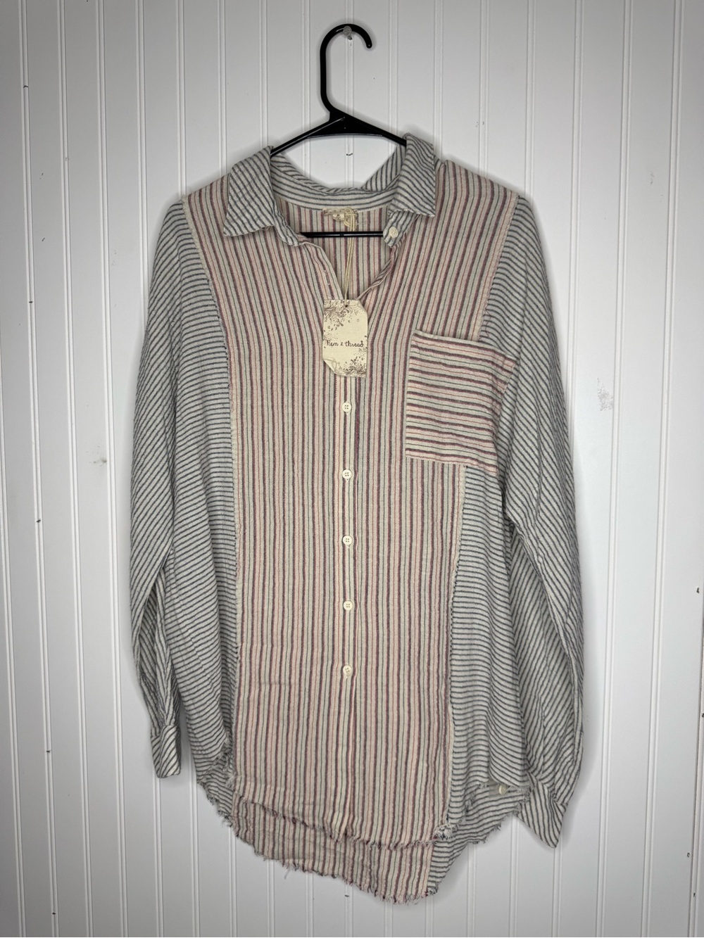 Hem & Thread Stripped Long sleeve Button Down Shirt with Raw Hem Tunic Length M